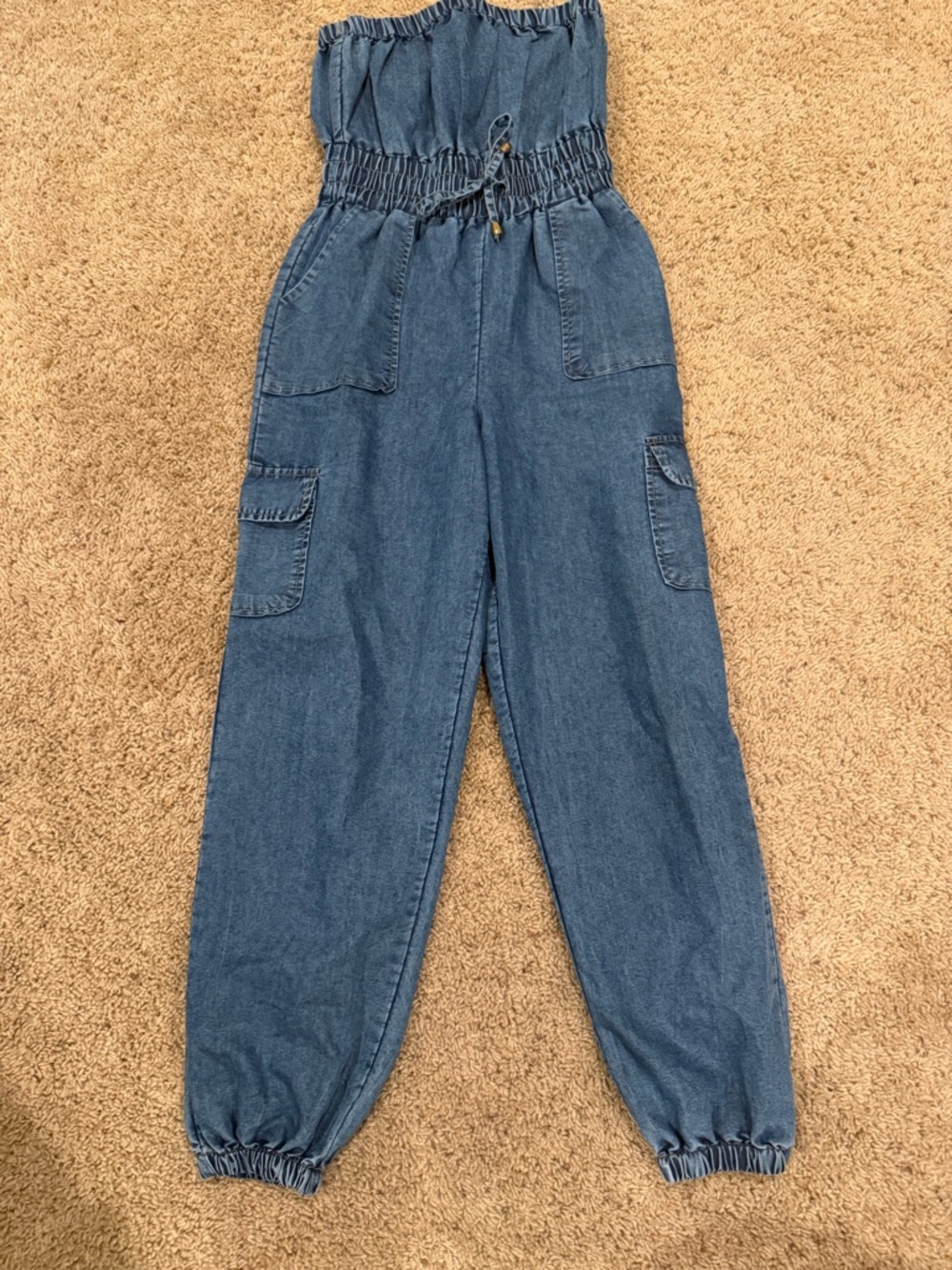 Denim Blue Elastic-Waist Cargo Jumpsuit
